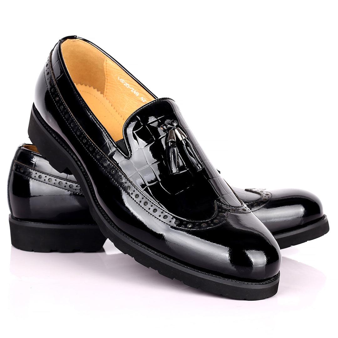 Prad Elegant Side Perforated Glossy Designed Formal Shoe - Black - Obeezi.com