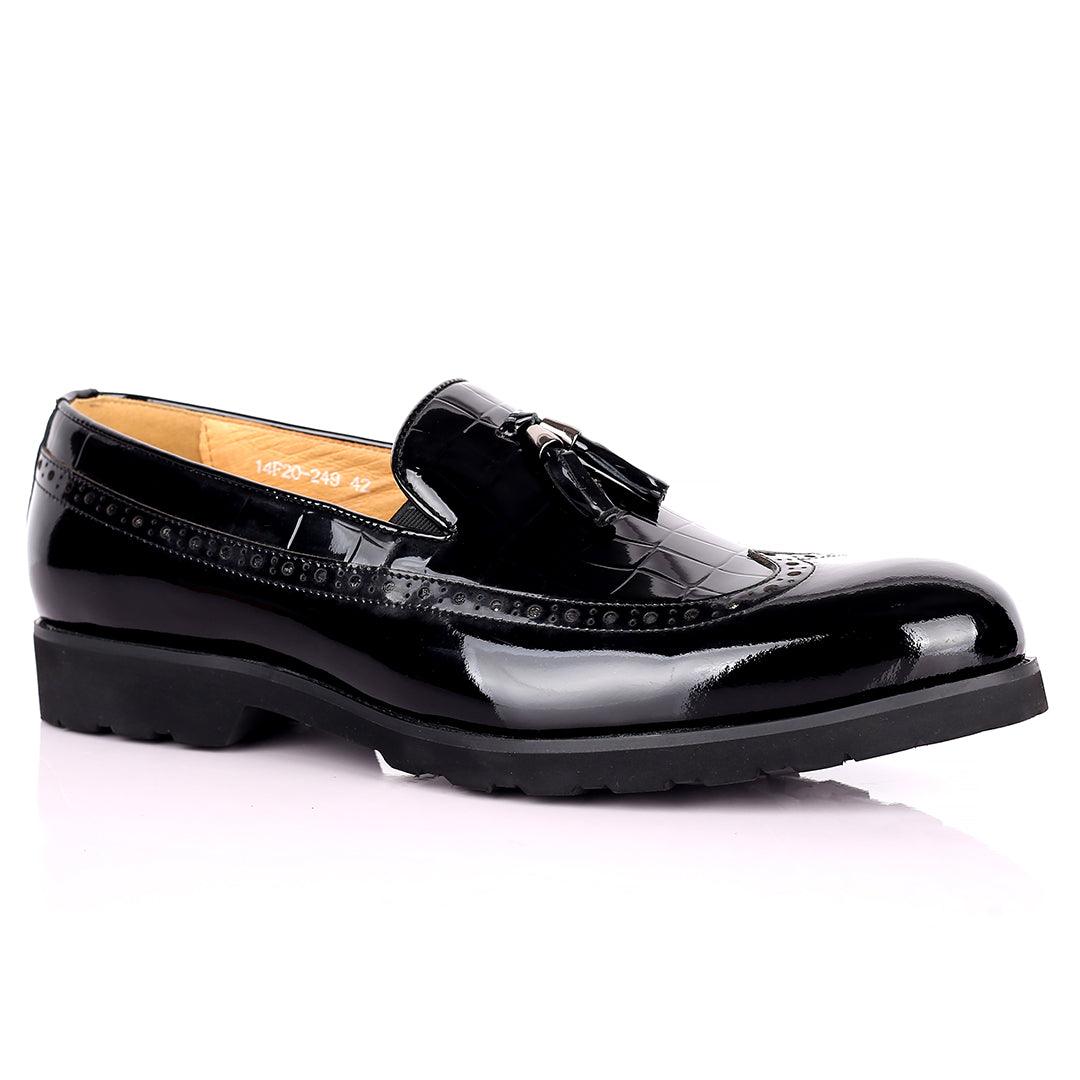 Prad Elegant Side Perforated Glossy Designed Formal Shoe - Black - Obeezi.com