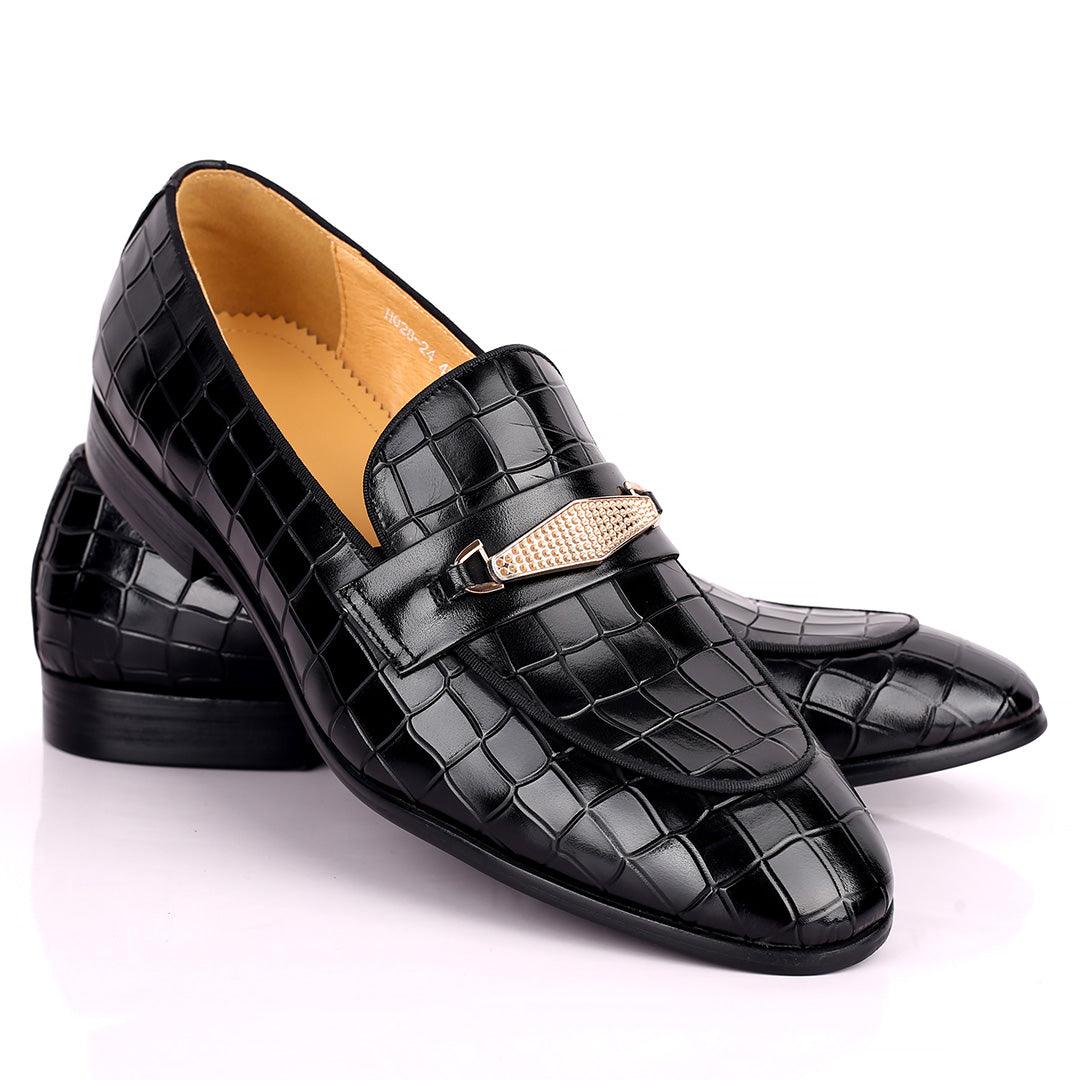 Prad Superlative Croc Leather With Gold Designed Shoe - Black - Obeezi.com