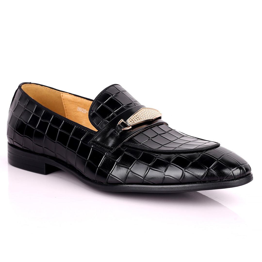 Prad Superlative Croc Leather With Gold Designed Shoe - Black - Obeezi.com