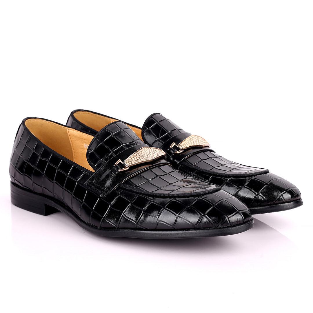 Prad Superlative Croc Leather With Gold Designed Shoe - Black - Obeezi.com