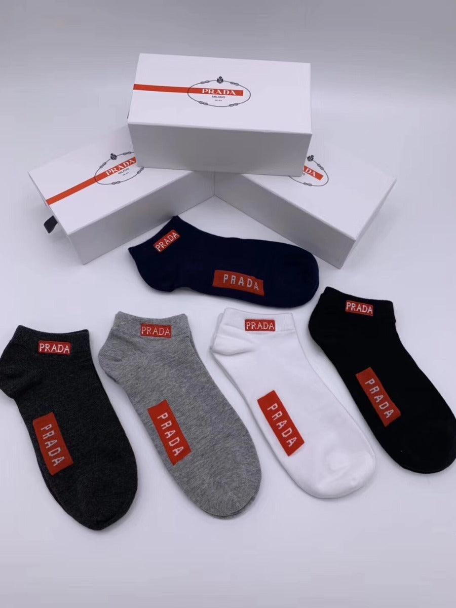 Prada Crested 5 in 1 Black NavyBlue White Grey and Ash Socks - Obeezi.com