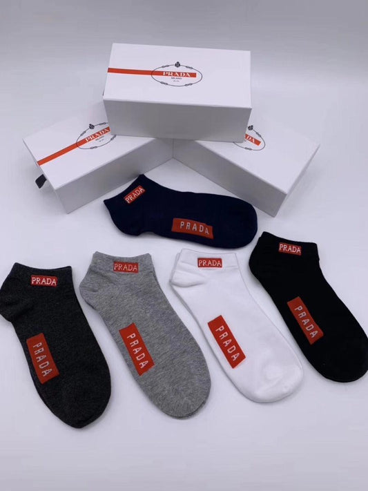 Prada Crested 5 in 1 Black NavyBlue White Grey and Ash Socks - Obeezi.com