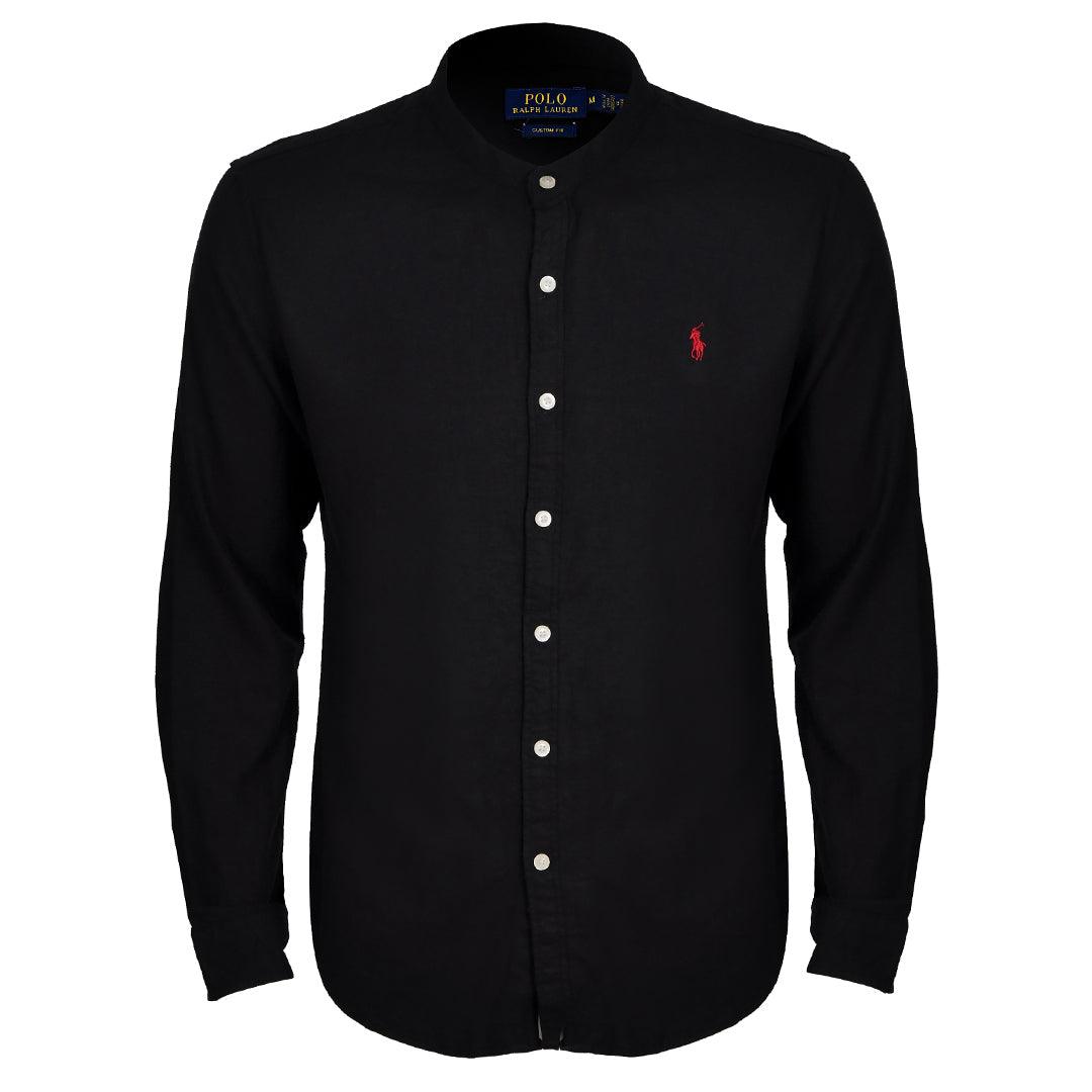 PRL Bishop Collar Button Down Men's Long Sleeve Shirt - Black - Obeezi.com