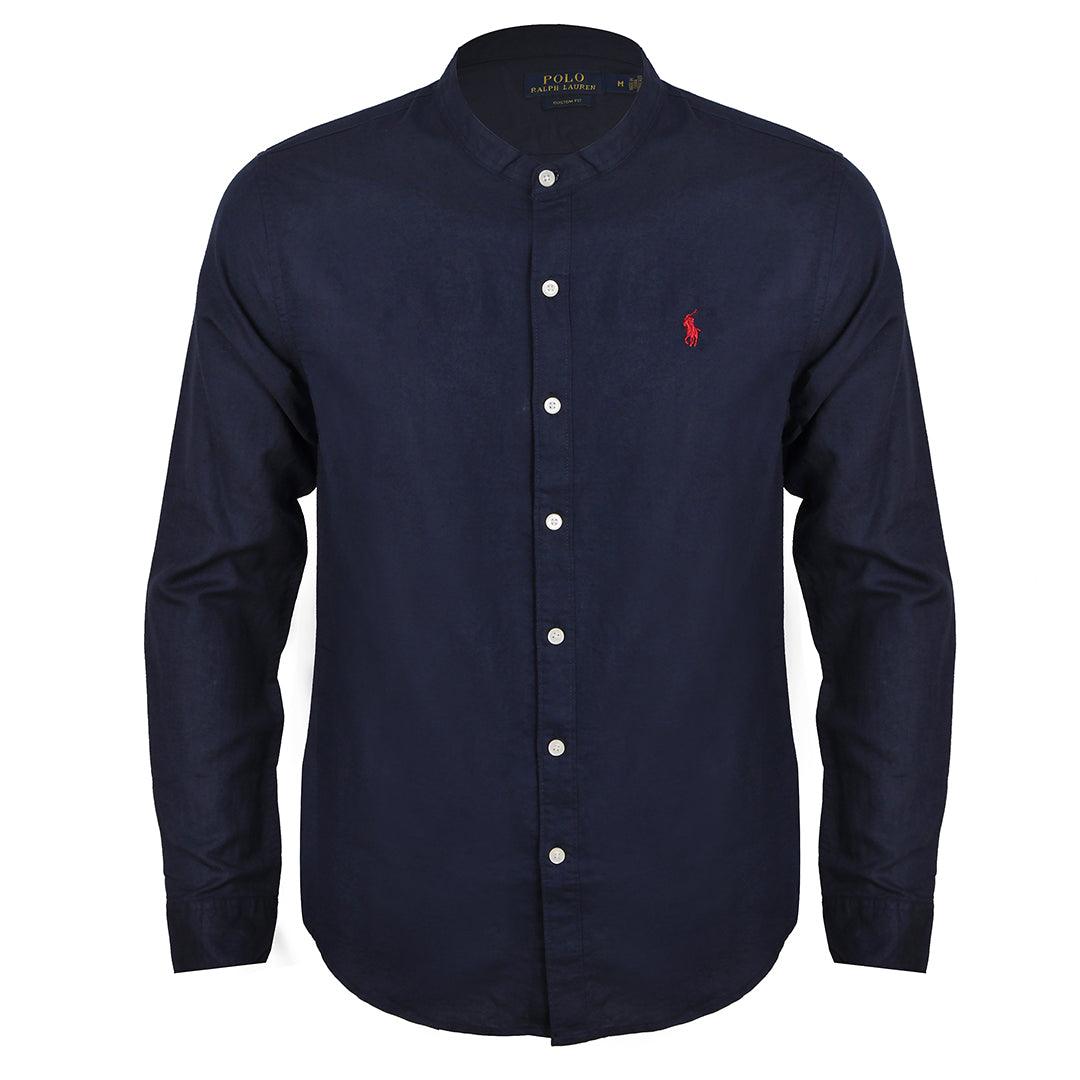 PRL Bishop Collar Button Down Men's Long Sleeve Shirt - Navy Blue - Obeezi.com