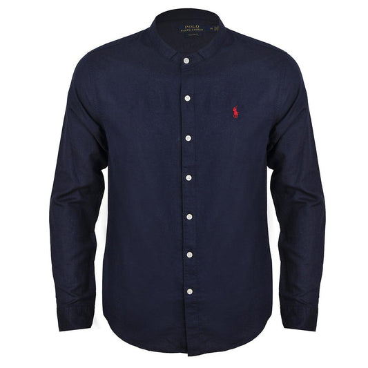 PRL Bishop Collar Button Down Men's Long Sleeve Shirt - Navy Blue - Obeezi.com