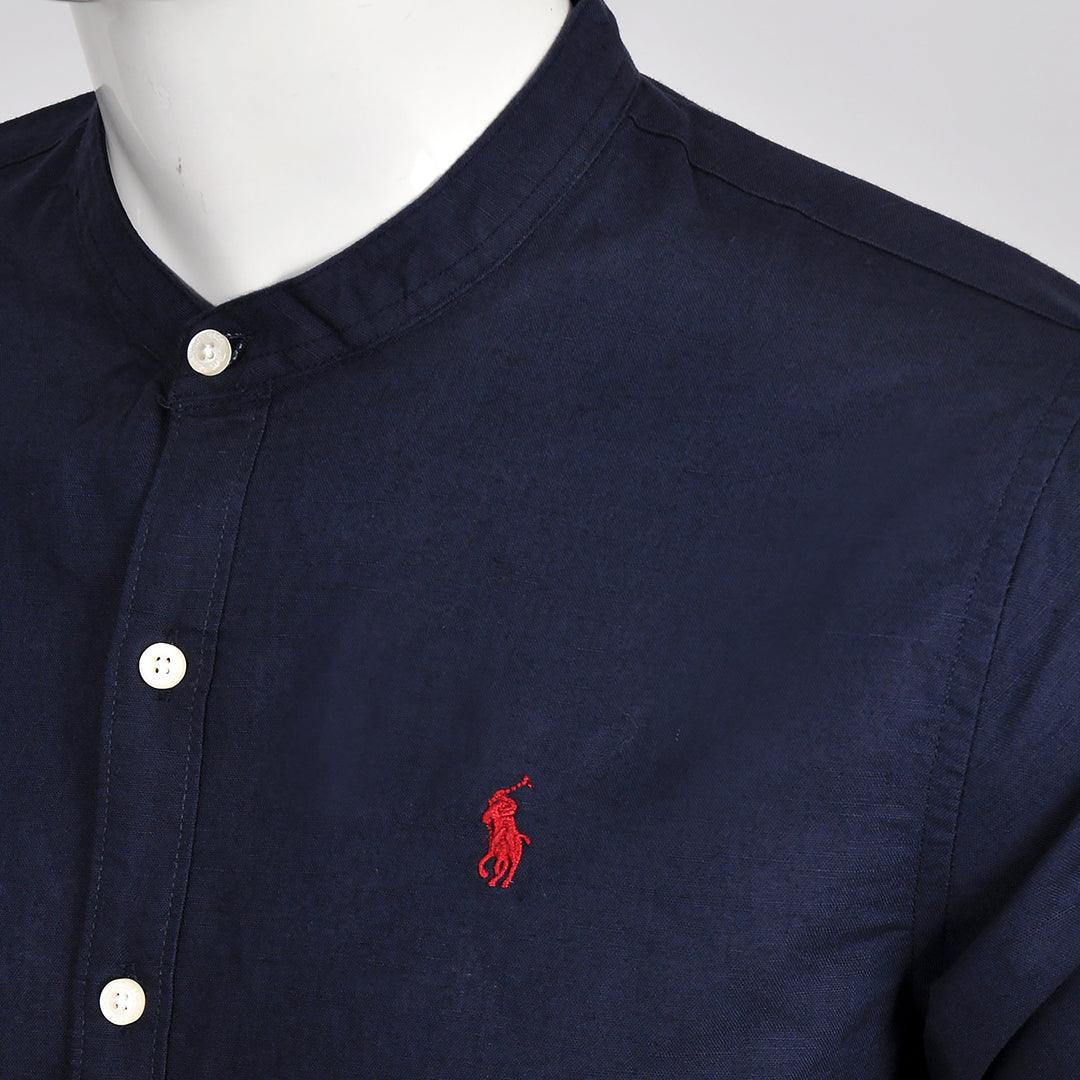 PRL Bishop Collar Button Down Men's Long Sleeve Shirt - Navy Blue - Obeezi.com