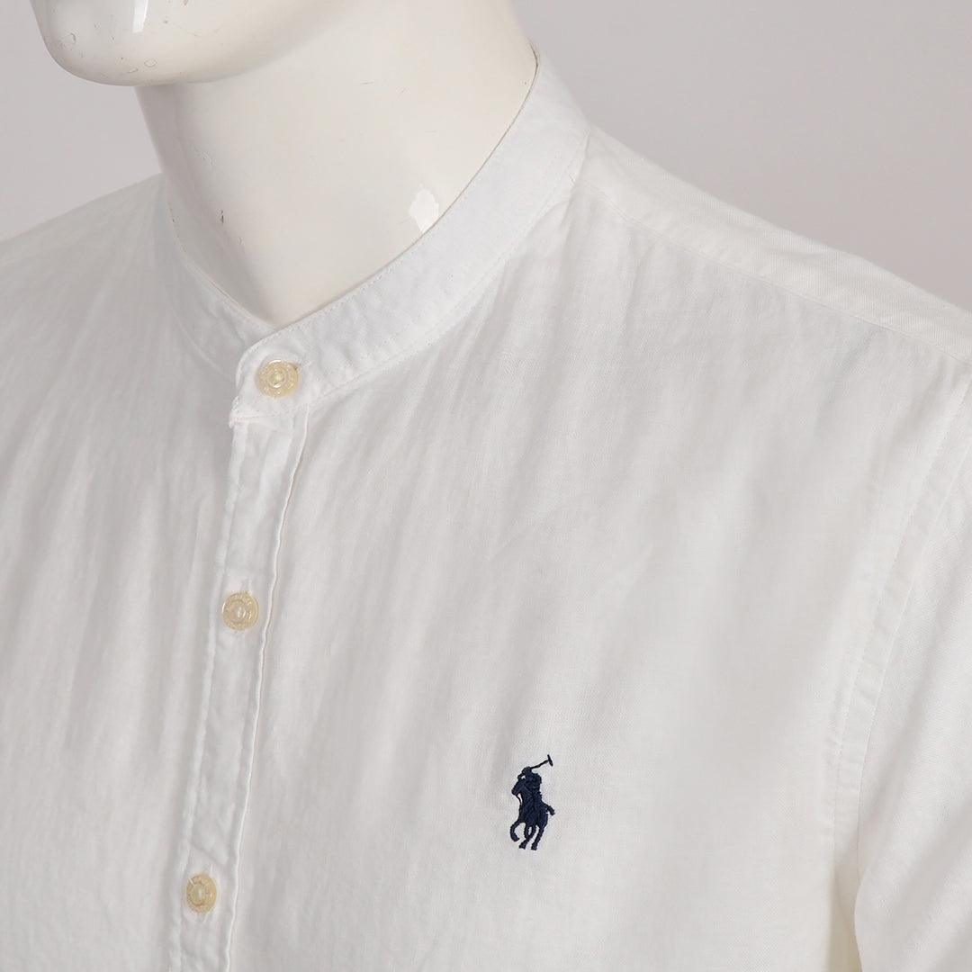 PRL Bishop Collar Button Down Men's Long Sleeve Shirt - White - Obeezi.com