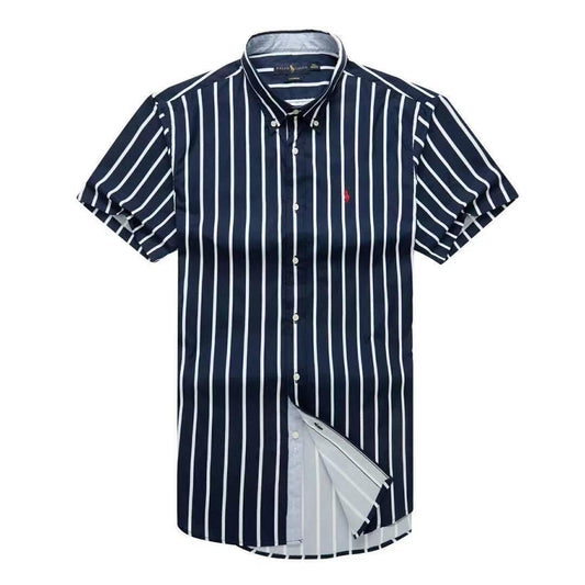PRL Classic Fit Deep Blue And White Stripe Shortsleeve Shirt - Obeezi