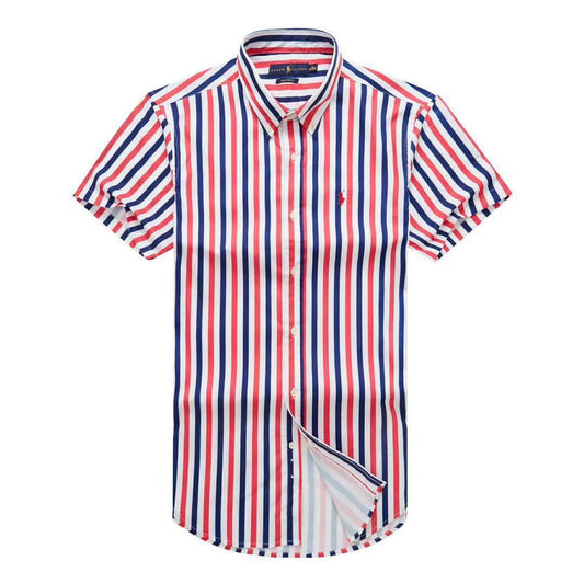 PRL Classic Red and Blue and White Stripe Shortsleeve Shirt - Obeezi