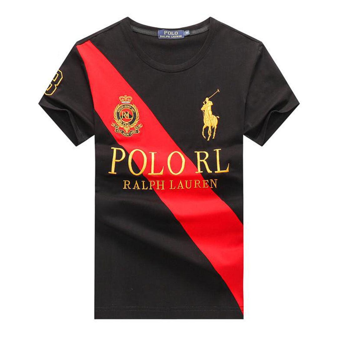 Prl Crested Textured T Shirt Black Red - Obeezi