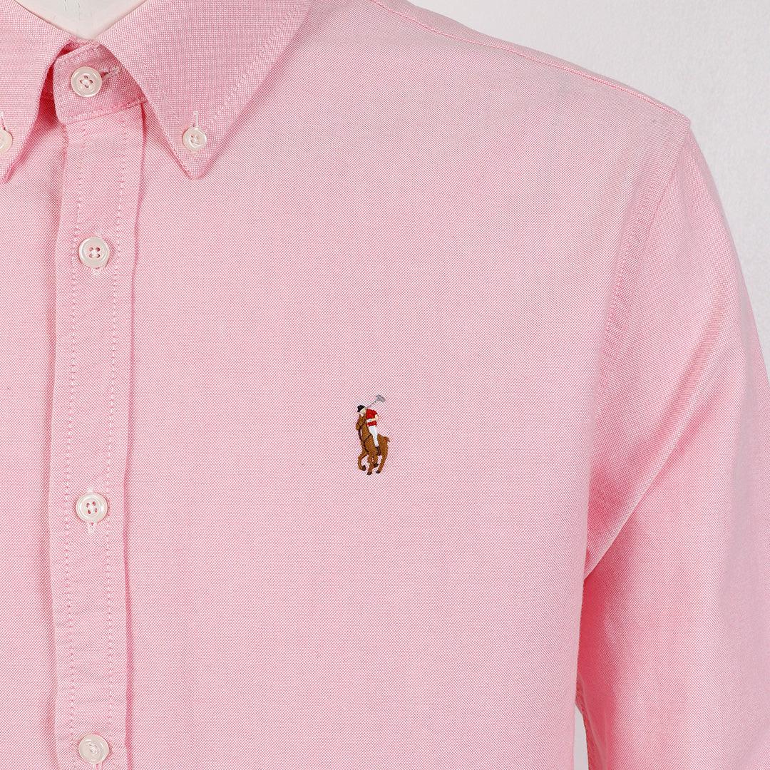PRL Custom Fit Button-Down With Small Pony Logo Pink Longsleeve Shirt - Obeezi