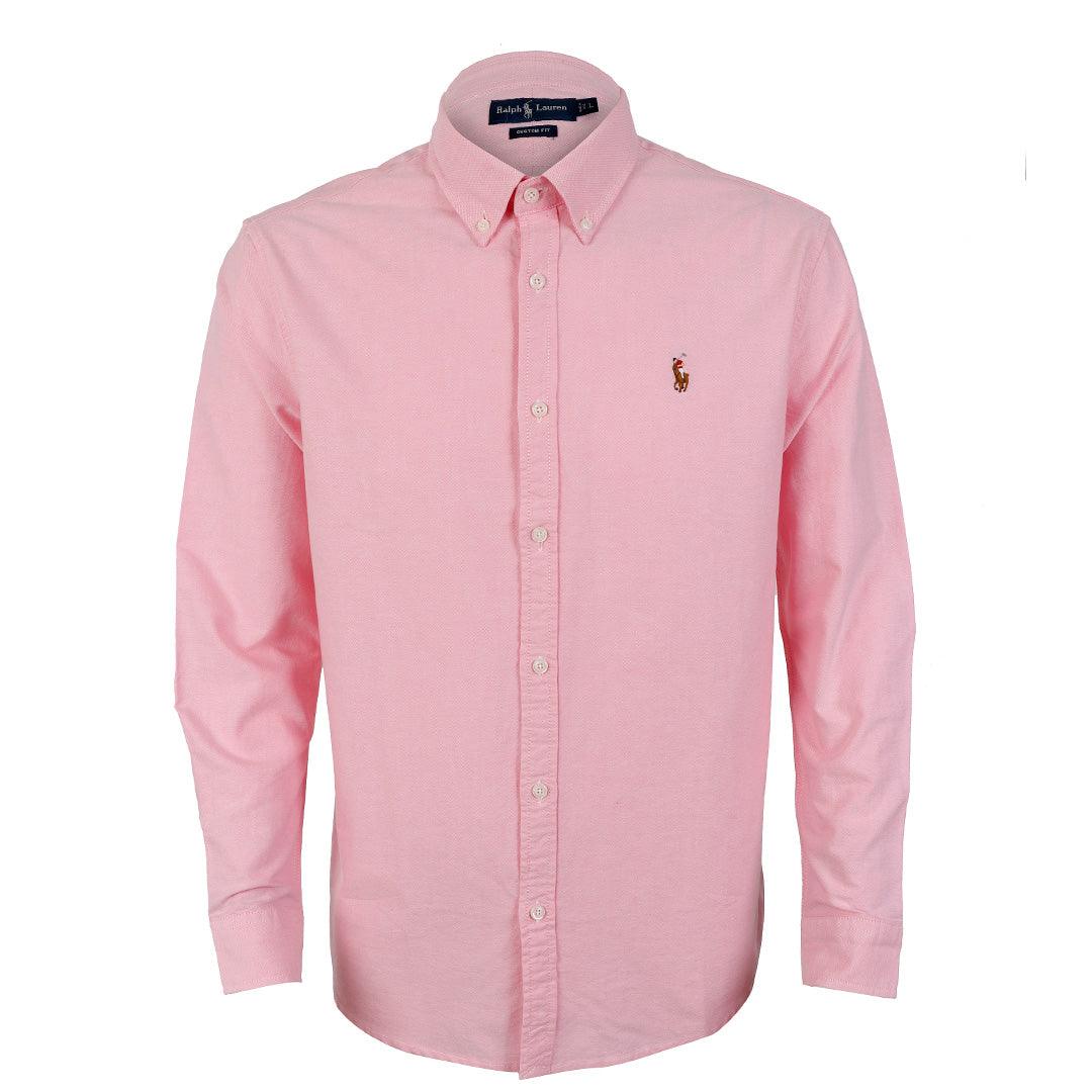 PRL Custom Fit Button-Down With Small Pony Logo Pink Longsleeve Shirt - Obeezi