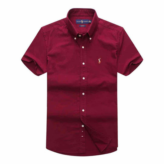 PRL Custom Fit Short Sleeve Button Down Oxford Shirt- Wine - Obeezi