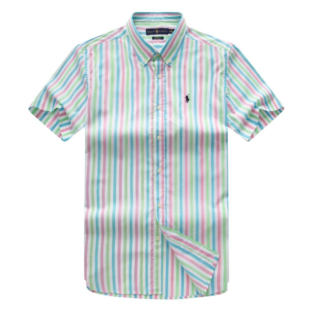 PRL Custom Fit Short Sleeve Colored Striped Cotton Shirt- Green - Obeezi