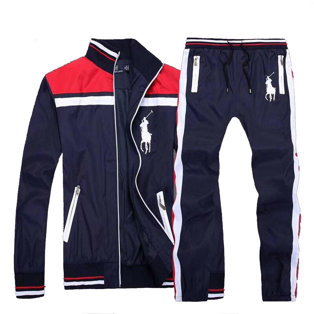PRL Fashionable POLO Tailored Track Suit with Stripe- NavyBlue Red - Obeezi