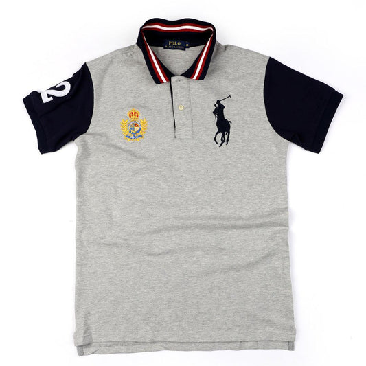 PRL Grey Fitted Polo Shirt With Striped Collar - Obeezi