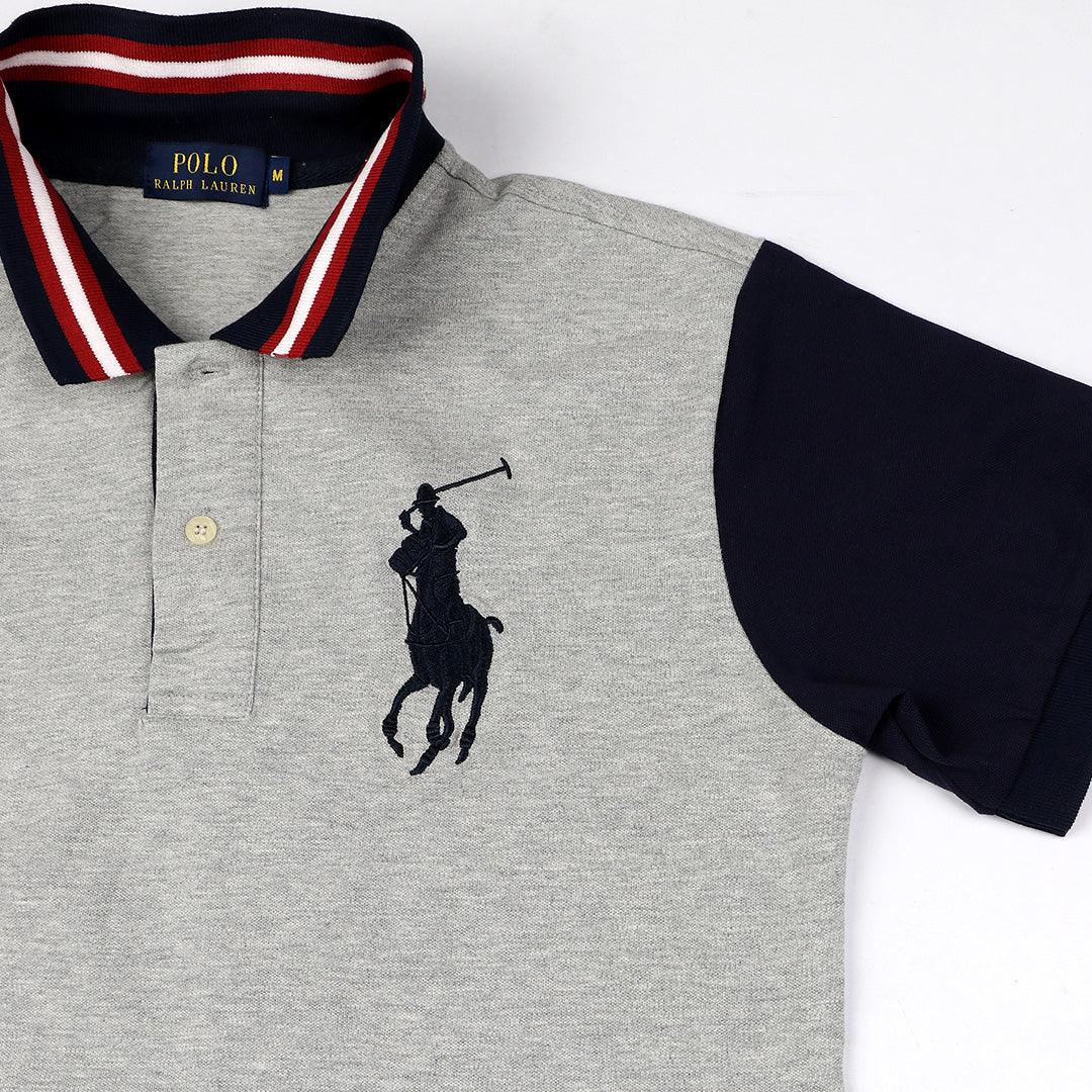 PRL Grey Fitted Polo Shirt With Striped Collar - Obeezi