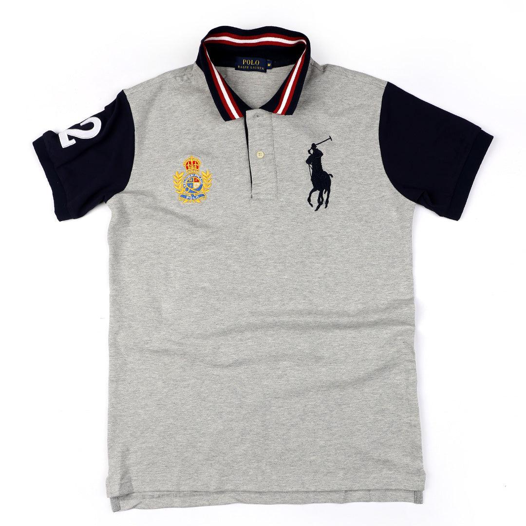 PRL Grey Fitted Polo Shirt With Striped Collar - Obeezi