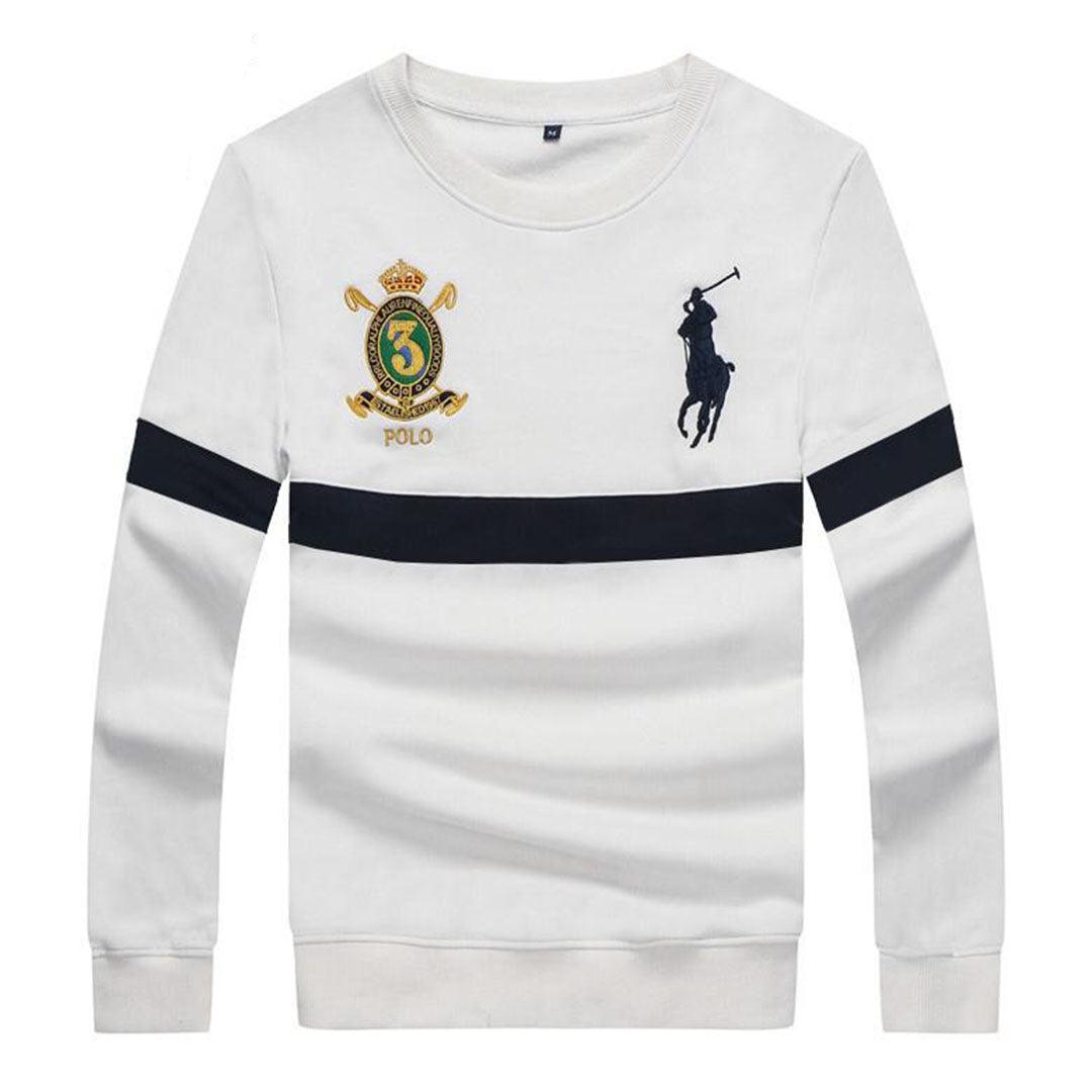 PRL Long Sleeves Embroidered Stripe Logo White Sweat Shirt - Obeezi
