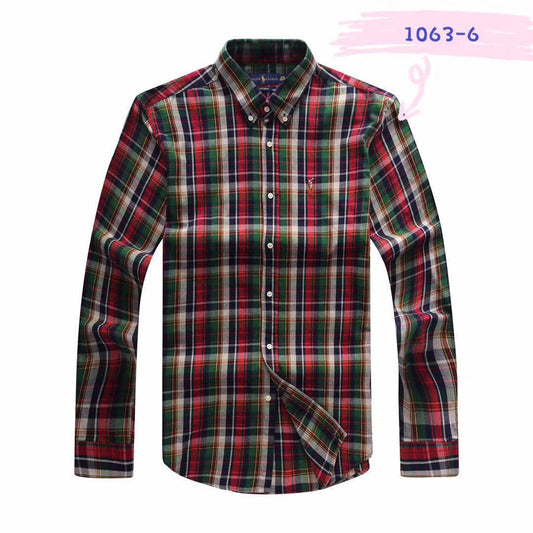 PRL Men's Checkered Green Black Red Button-Down Long Sleeve Shirt - Obeezi