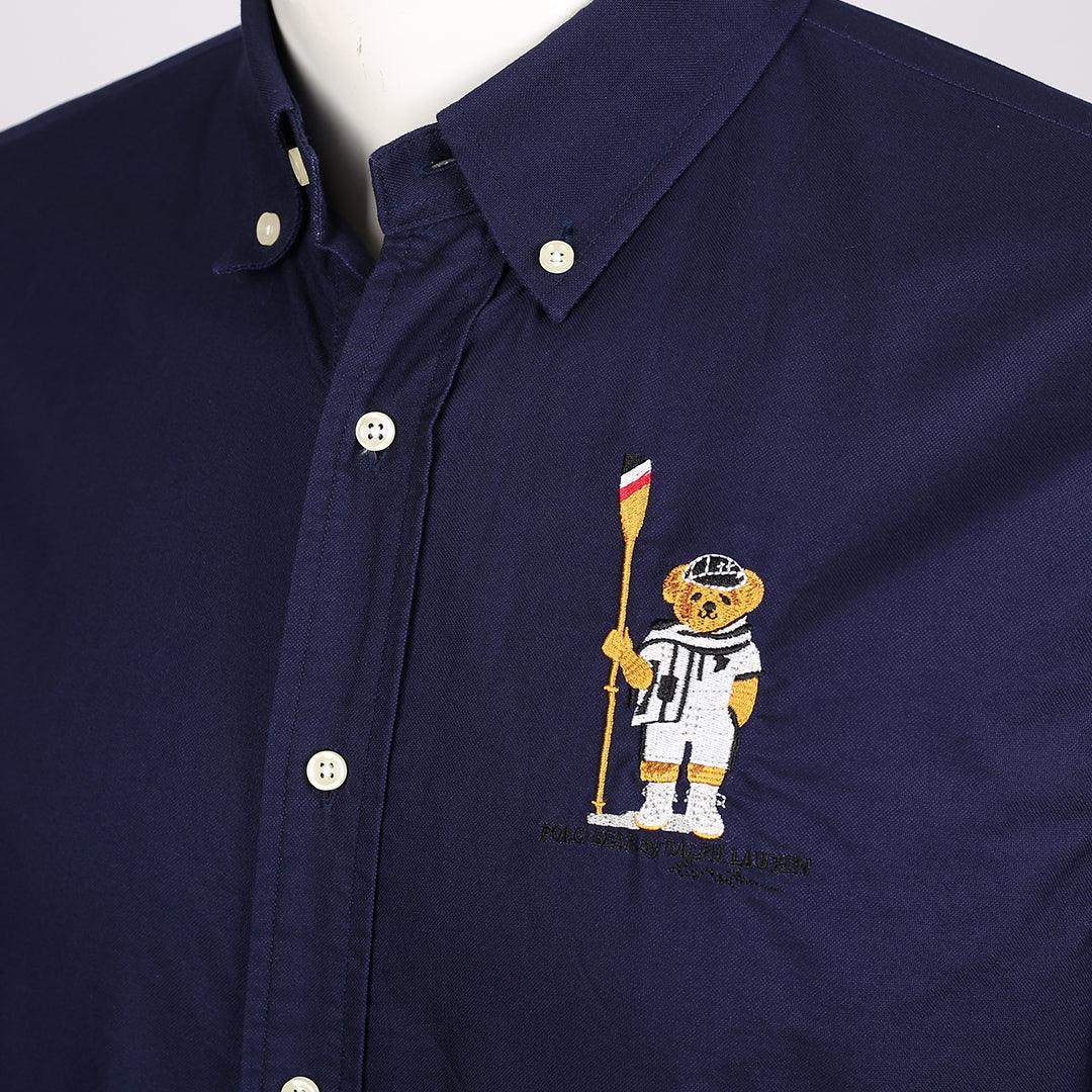 PRL Men's Cotton Bear Logo Embroidered Button Down Shirt - Blue - Obeezi.com