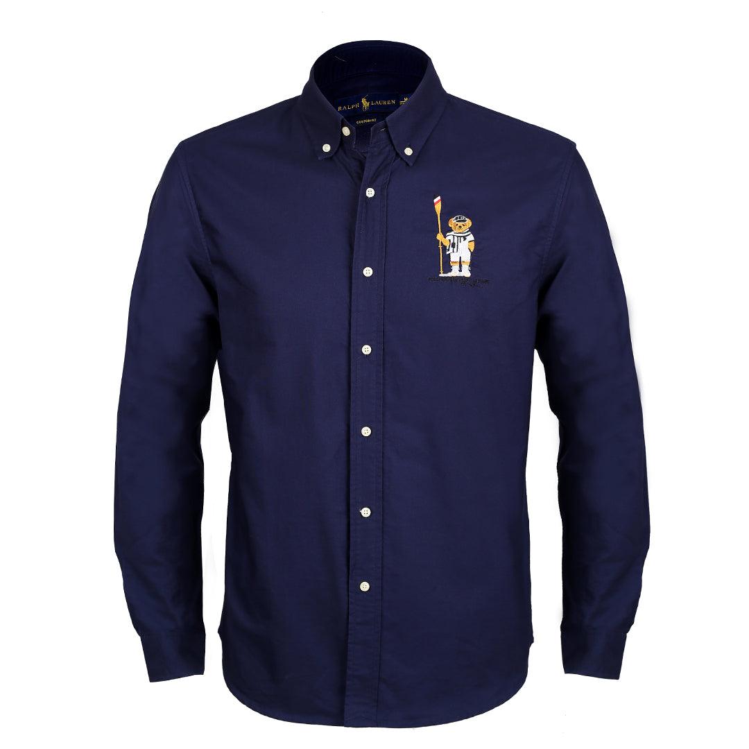 PRL Men's Cotton Bear Logo Embroidered Button Down Shirt - Blue - Obeezi.com