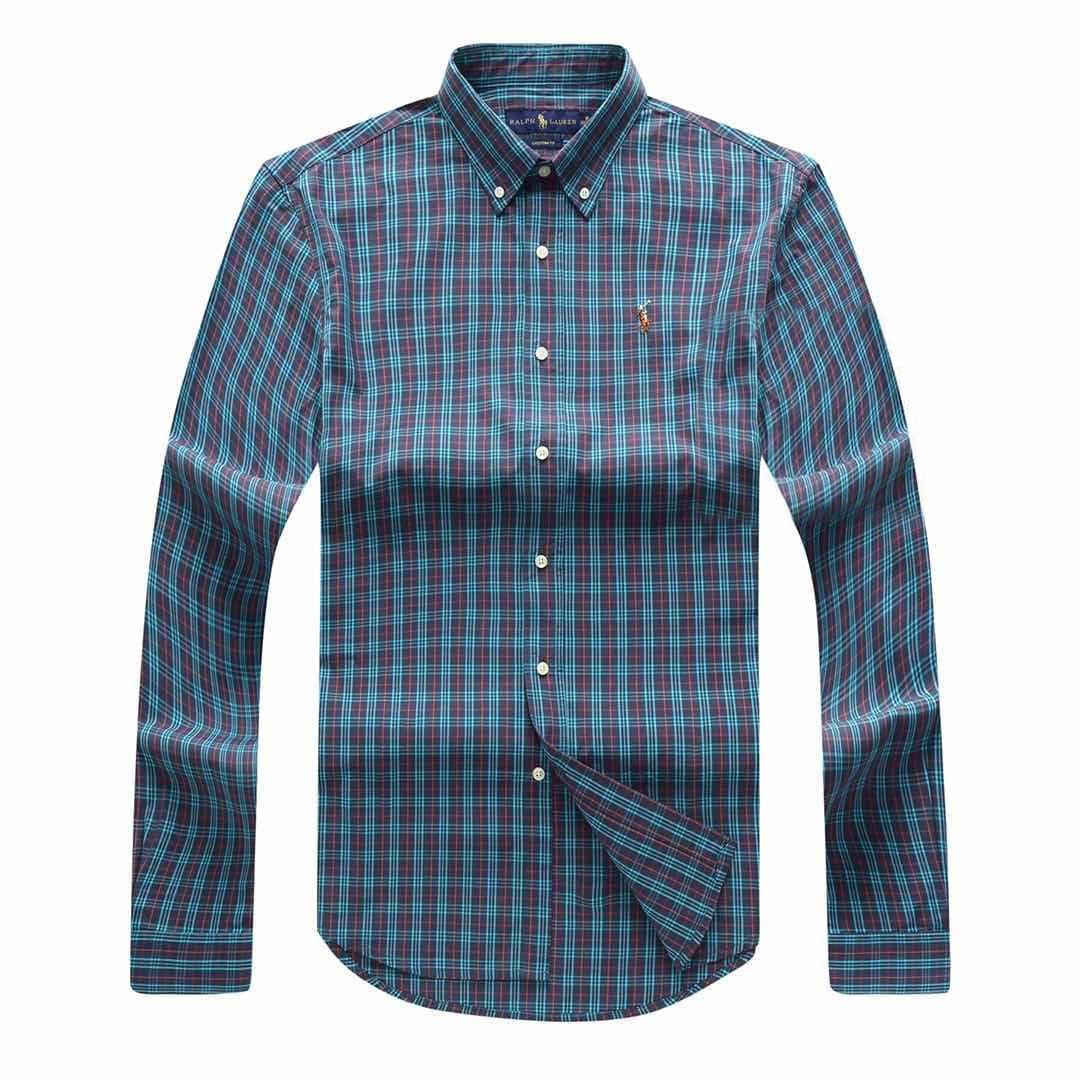 PRL Men's Stripped Designed Cotton Logo Embroidered Blue Button Down Long Sleeve Shirt - Obeezi.com