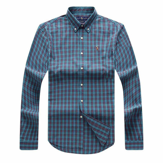 PRL Men's Stripped Designed Cotton Logo Embroidered Blue Button Down Long Sleeve Shirt - Obeezi.com