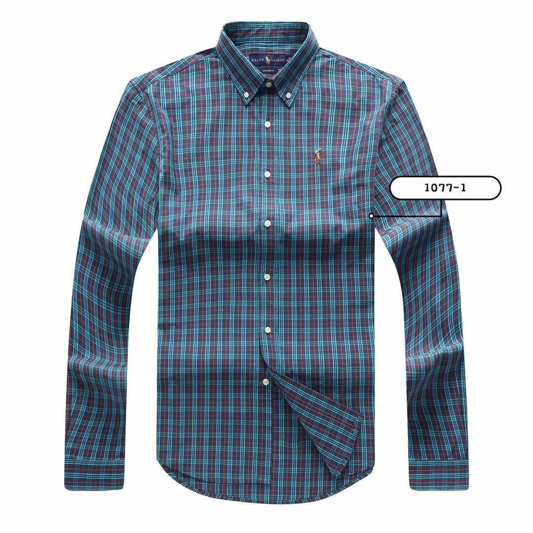 PRL Men's Stripped Designed Cotton Logo Embroidered Blue Button Down Long Sleeve Shirt - Obeezi.com