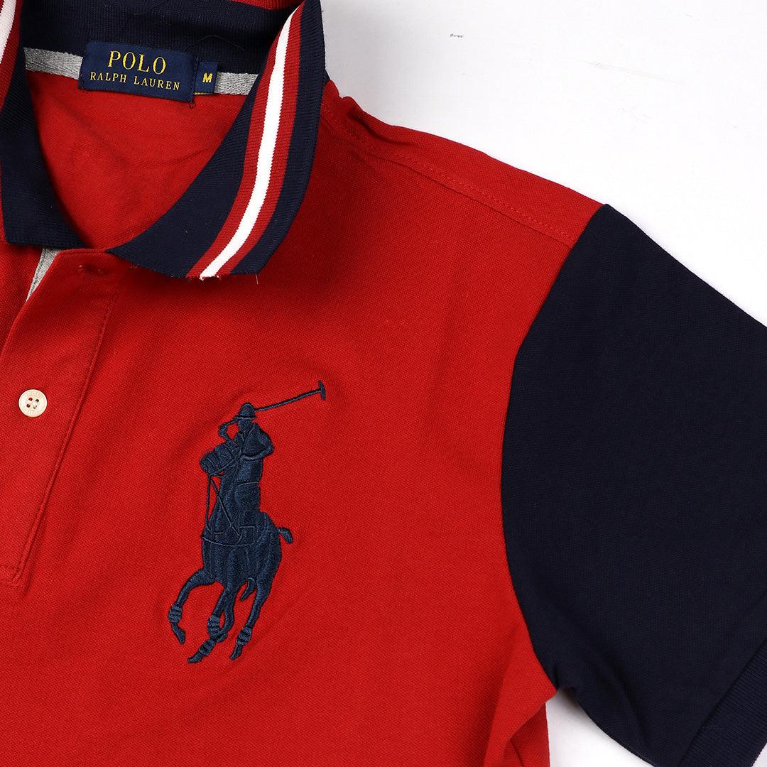 PRL Red Fitted Polo Shirt With Striped Collar - Obeezi
