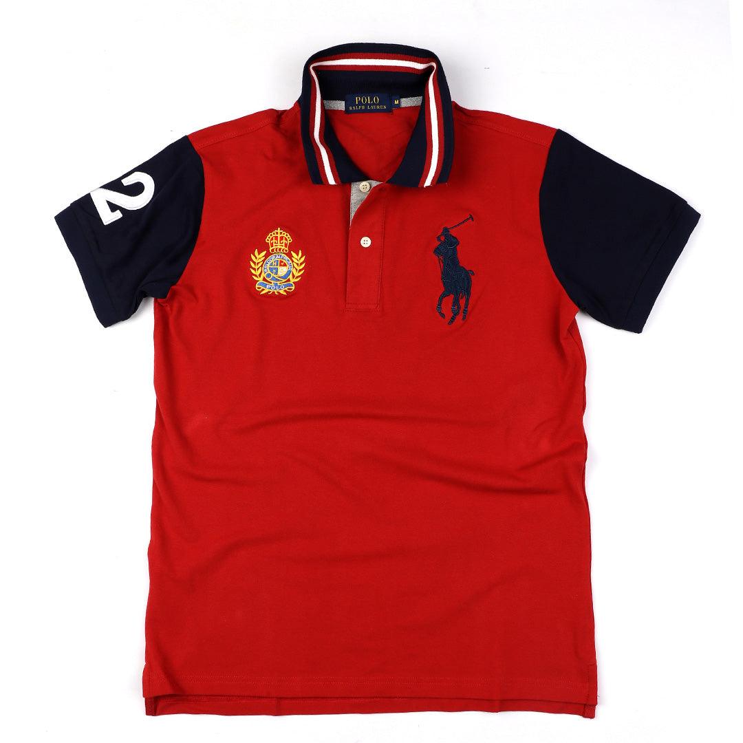 PRL Red Fitted Polo Shirt With Striped Collar - Obeezi