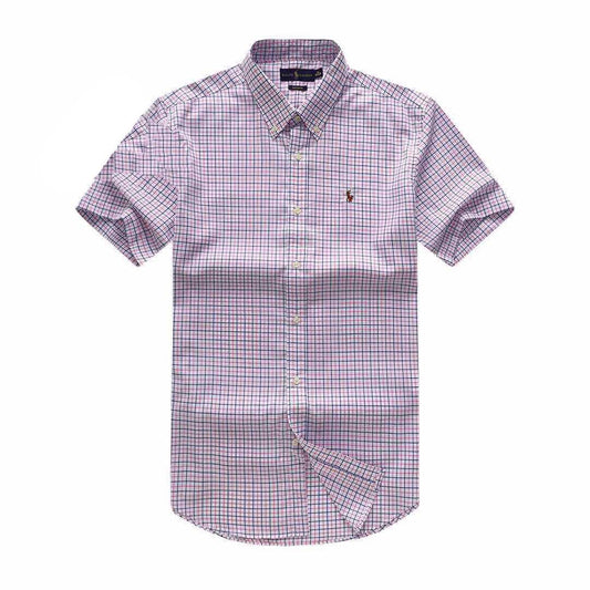 PRL Small Pony Logo Pink And Blue Checkered Short Sleeve Shirt - Obeezi