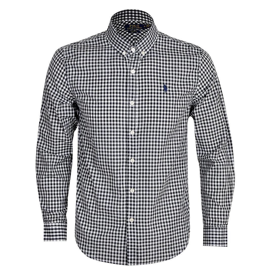 PRL Smart Light Weight Checkboard Button Down Long Sleeve Shirt- Black - Obeezi.com
