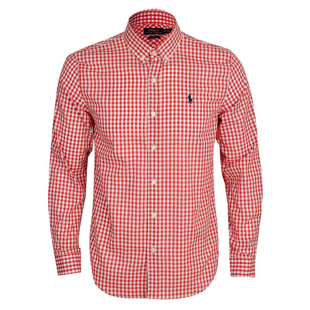 PRL Smart Light Weight Checkboard Button Down Long Sleeve Shirt- Red - Obeezi.com
