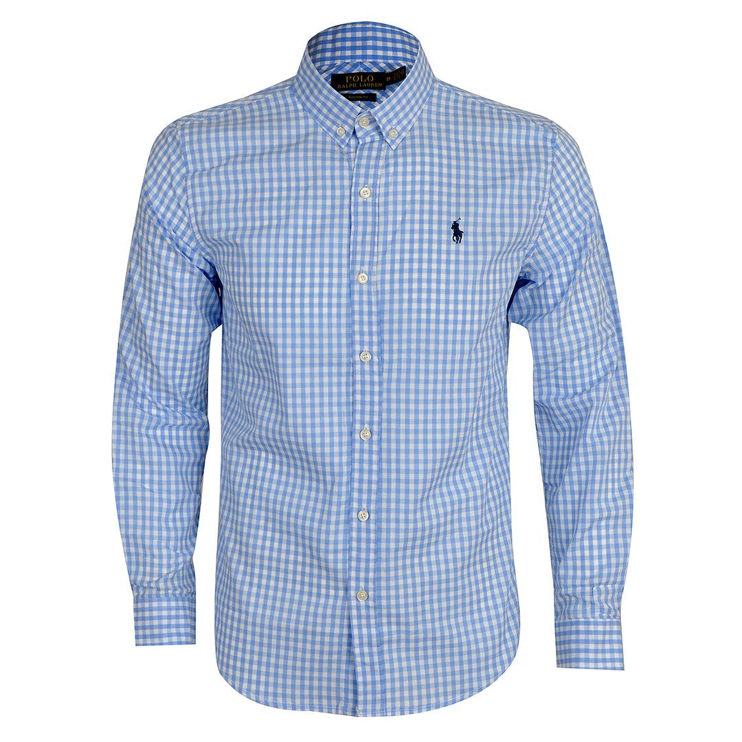 PRL Smart Light Weight Checkboard Button Down Long Sleeve Shirt- Sky Blue - Obeezi.com
