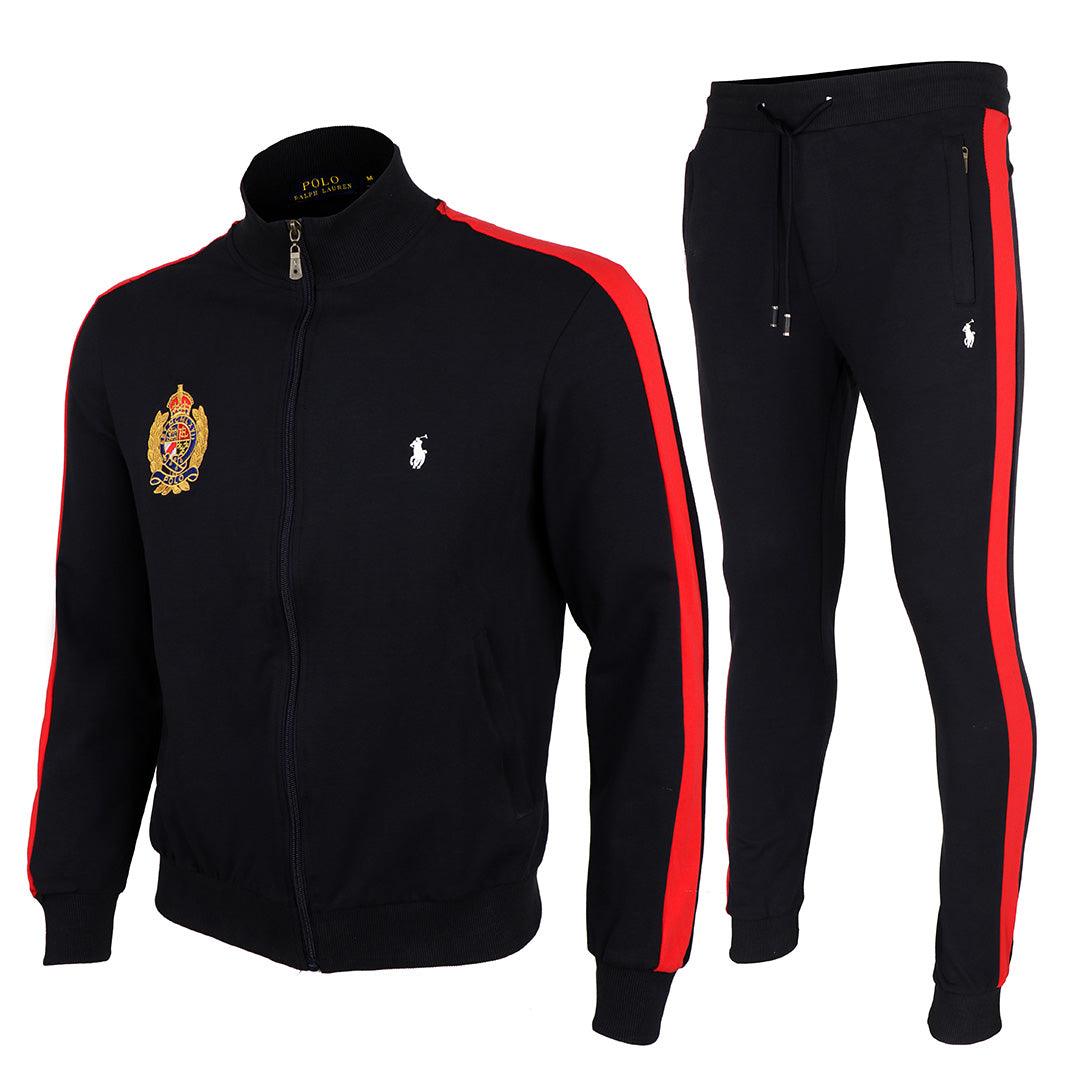 PRL Zippered Cotton-Blend Fleece Black And Red Stripe Tracksuit - Obeezi.com