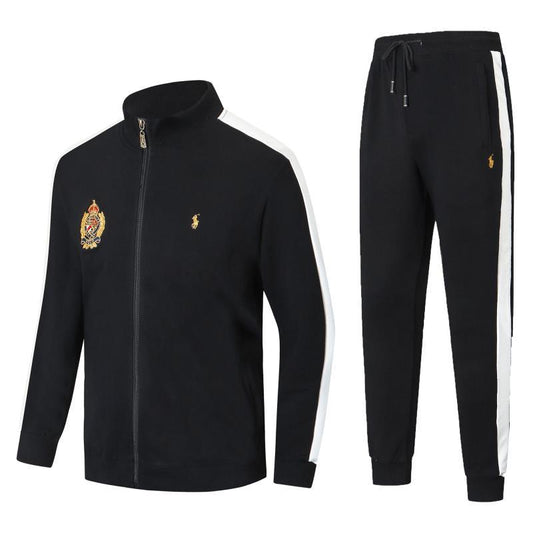 PRL Zippered Cotton-Blend Fleece Black And White Stripe Tracksuit - Obeezi.com