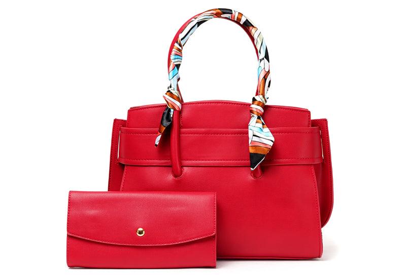 PU Leather Handbags For Women With Scarf 2 in 1 Set Tote Bags - Wine - Obeezi.com