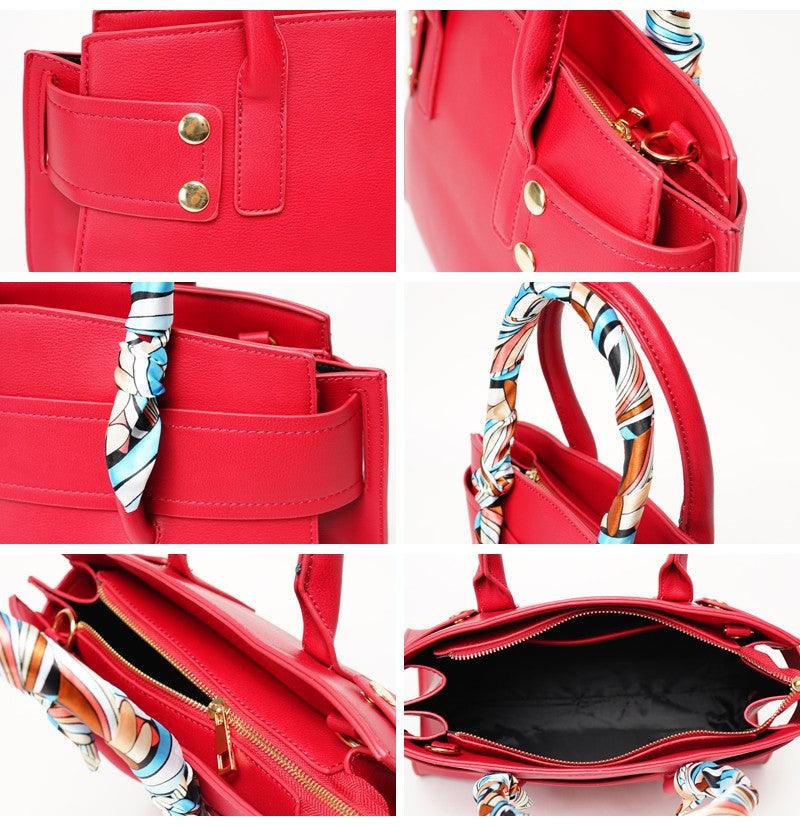 PU Leather Handbags For Women With Scarf 2 in 1 Set Tote Bags - Wine - Obeezi.com