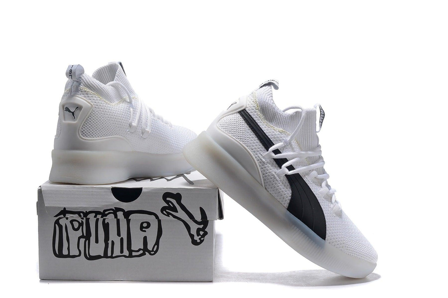 PUMA Clyde Court-Disrupt All White With Black logo Sneakers - Obeezi