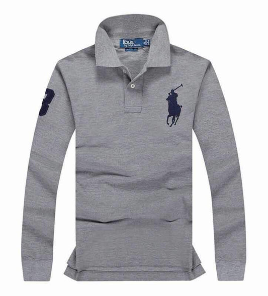 R L Custom Fit LongSleeve Big Pony 3 Polo Ash - Obeezi
