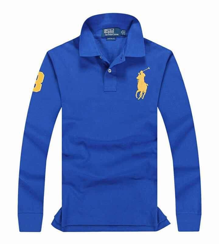 R L Custom Fit LongSleeve Big Pony 3 Polo Blue - Obeezi