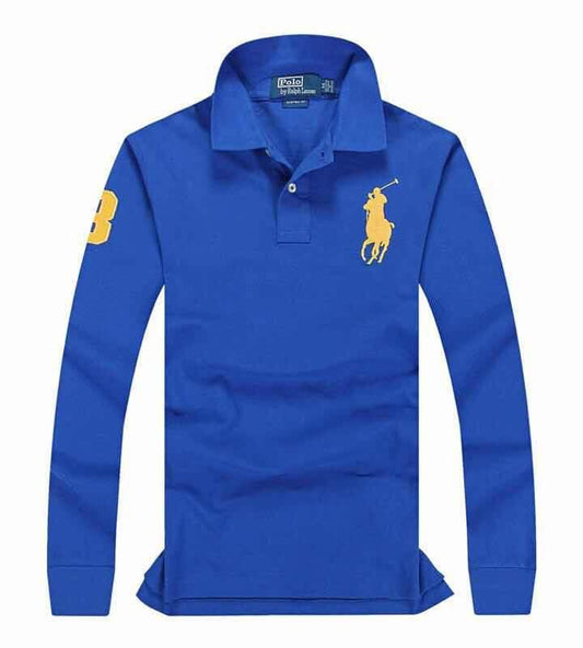 R L Custom Fit LongSleeve Big Pony 3 Polo Blue - Obeezi