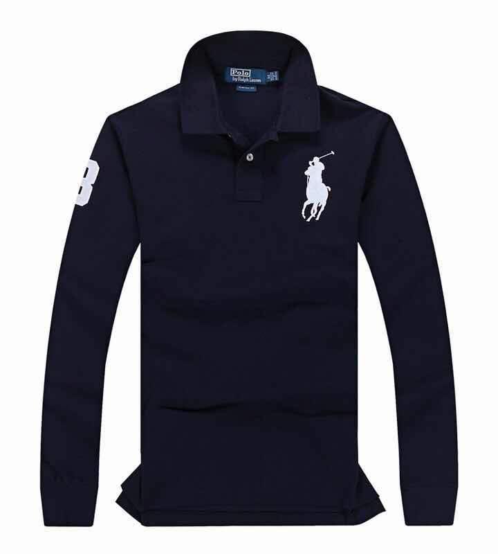 R L Custom Fit LongSleeve Big Pony 3 Polo Navyblue - Obeezi