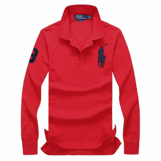 R L Custom Fit LongSleeve Big Pony 3 Polo Red - Obeezi