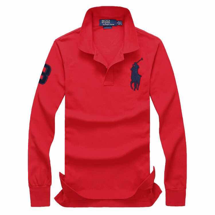 R L Custom Fit LongSleeve Big Pony 3 Polo Red - Obeezi