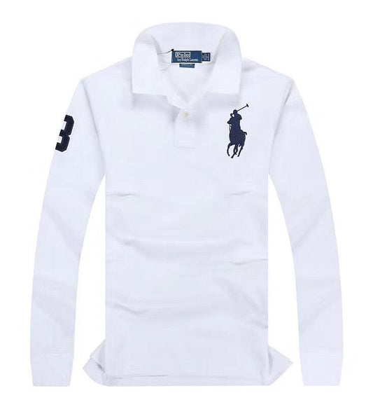 R L Custom Fit LongSleeve Big Pony 3 Polo White - Obeezi