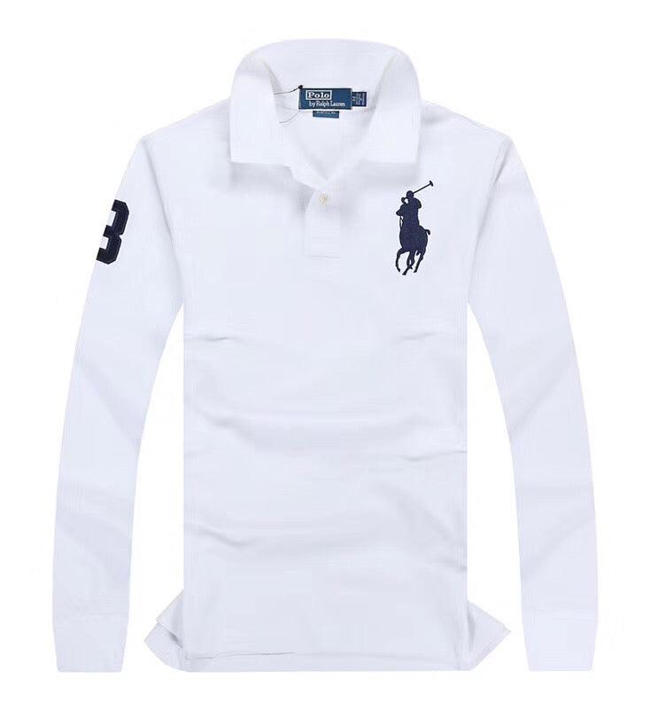 R L Custom Fit LongSleeve Big Pony 3 Polo White - Obeezi