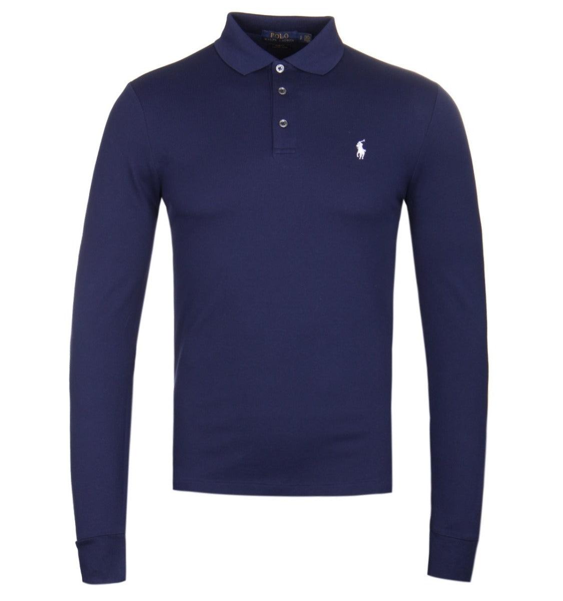R L Long-sleeved Cotton-Piqué Polo Shirt Navyblue - Obeezi